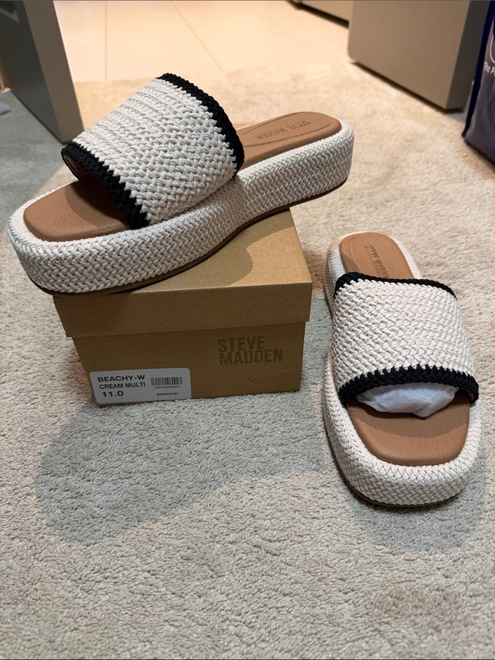 Steve Madden Cream and Black Woven Platform Slide Mules